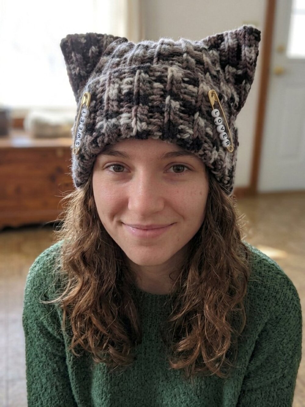Handmade Crochet Cat Ear Beanie -SWEET LOVER Safety Pin Striped Hat New